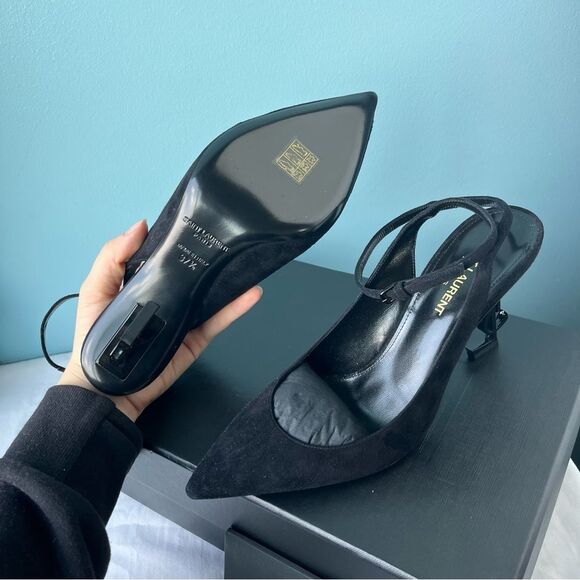 NEW | SAINT LAURENT Opyum Suede Pointed Toe Black Sling Back Heels sz. 37.5 - Picture 10 of 10